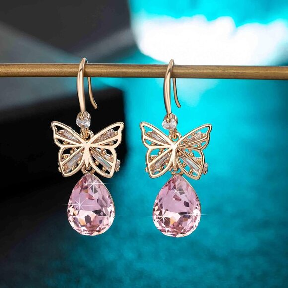 Crystal Butterfly Drop Earrings Hypoallergenic Pink Rose Gold Jewelry Women - Picture 3 of 8